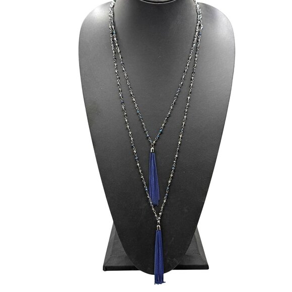 Steve Madden Gray Blue Beaded Tassels Chain Y Drop Long Layered Neckline - Picture 1 of 4